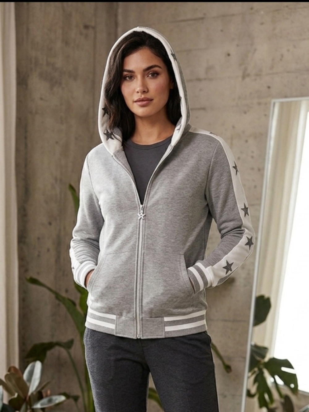 NWT Orly Gray star embroidered zip up size small ptp 19”